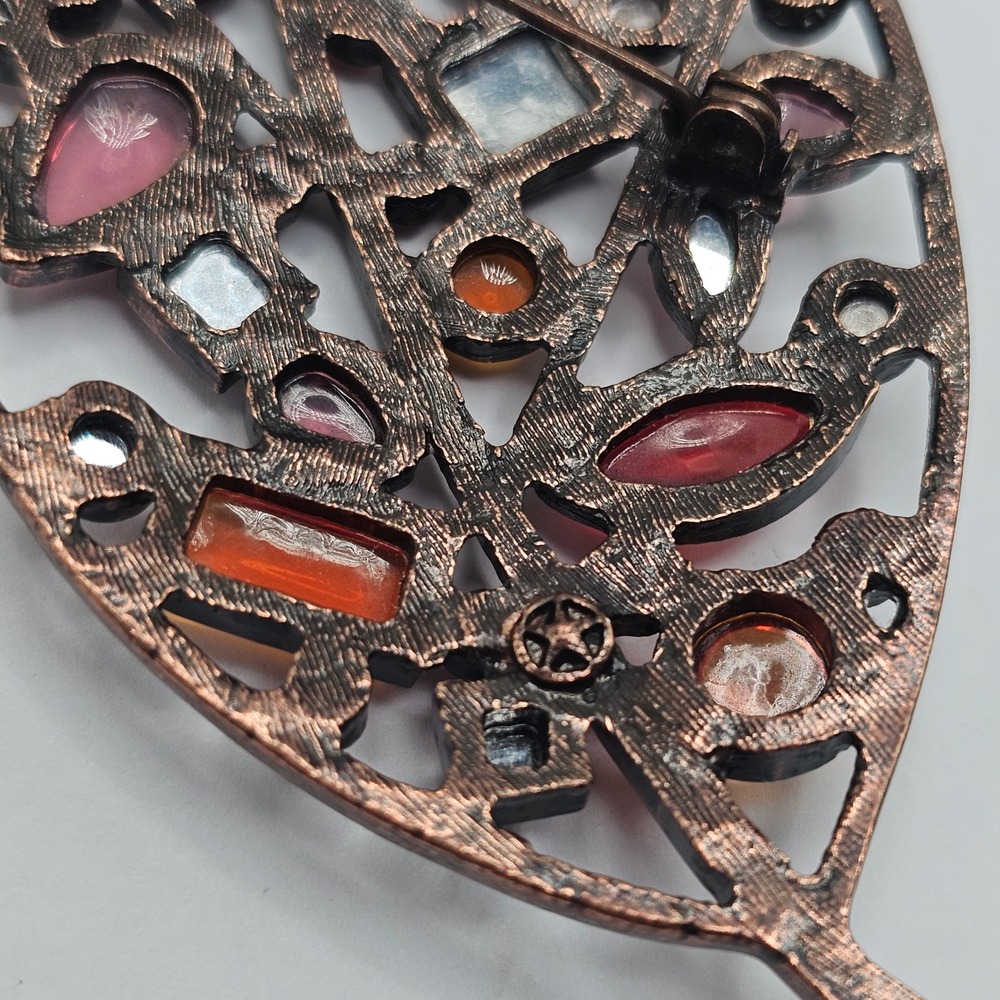 Vtg Leaf Brooch Pin Red Orange Copper Tone Rhinestone Autumn Fall Statement - Picture 10 of 15